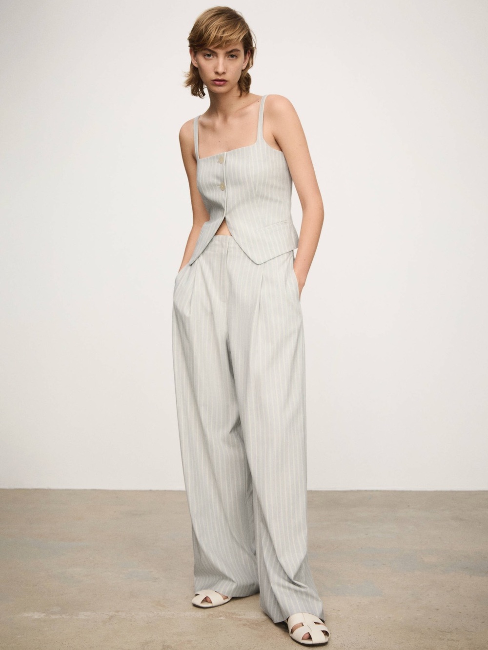 Mango Light Gray Pinstripe Tailored Vest & Wide-Leg Pants Set